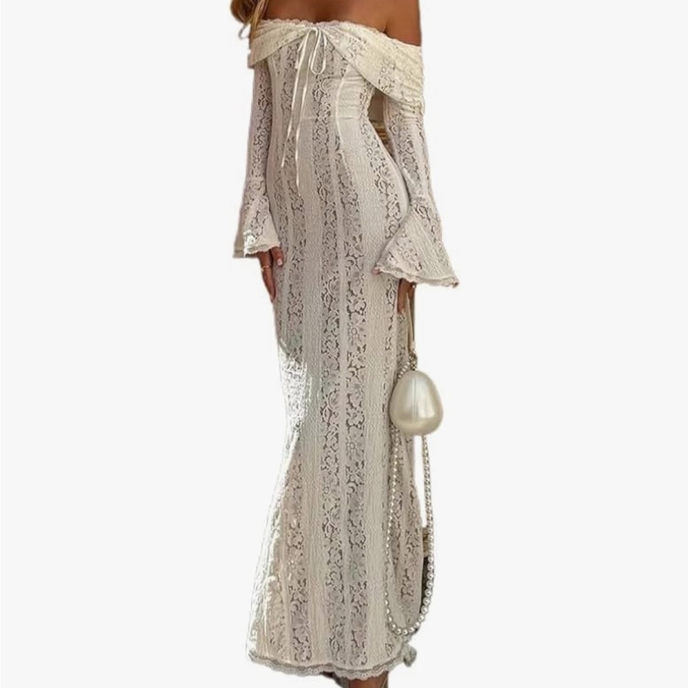 Chic Off-Shoulder Lace Dress in Cream maternity, baby shower Large